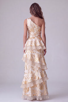 Champagne One Shoulder Ruffled Floral Tiered Long Evening Dress