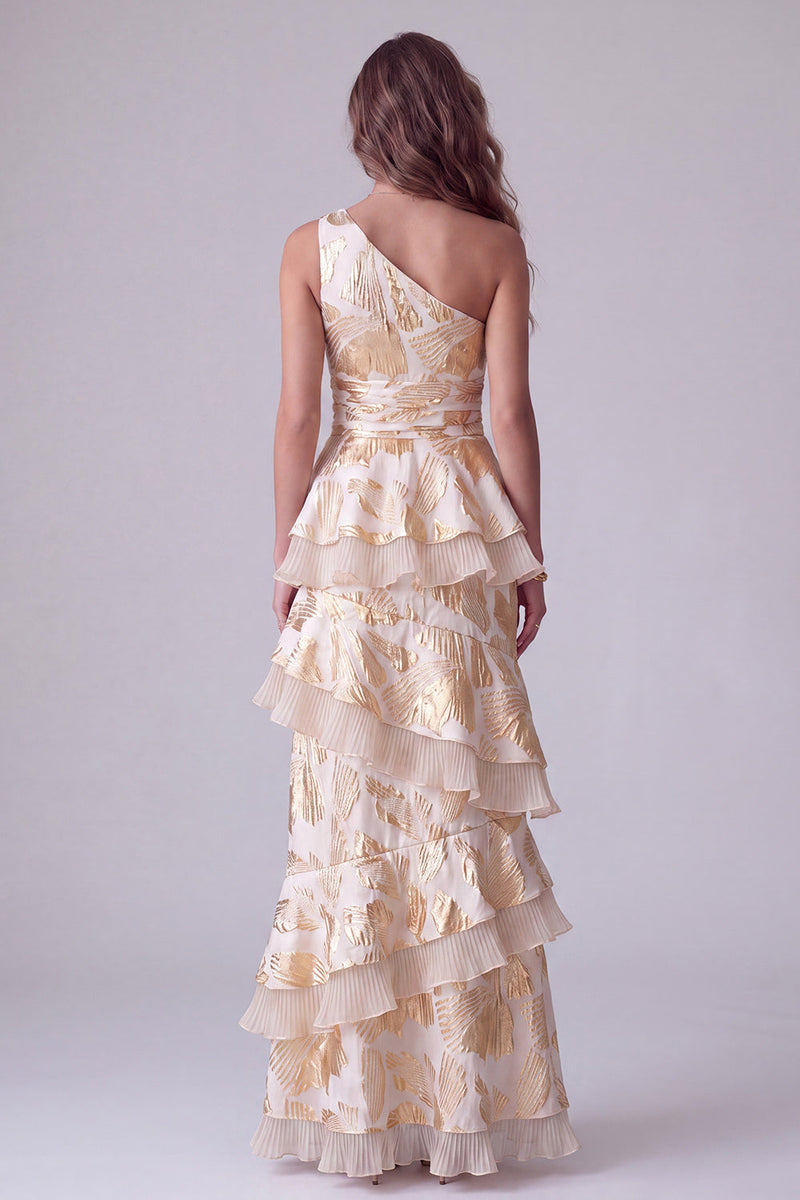 Load image into Gallery viewer, Champagne One Shoulder Ruffled Floral Tiered Long Evening Dress