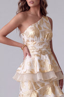 Load image into Gallery viewer, Champagne One Shoulder Ruffled Floral Tiered Long Evening Dress