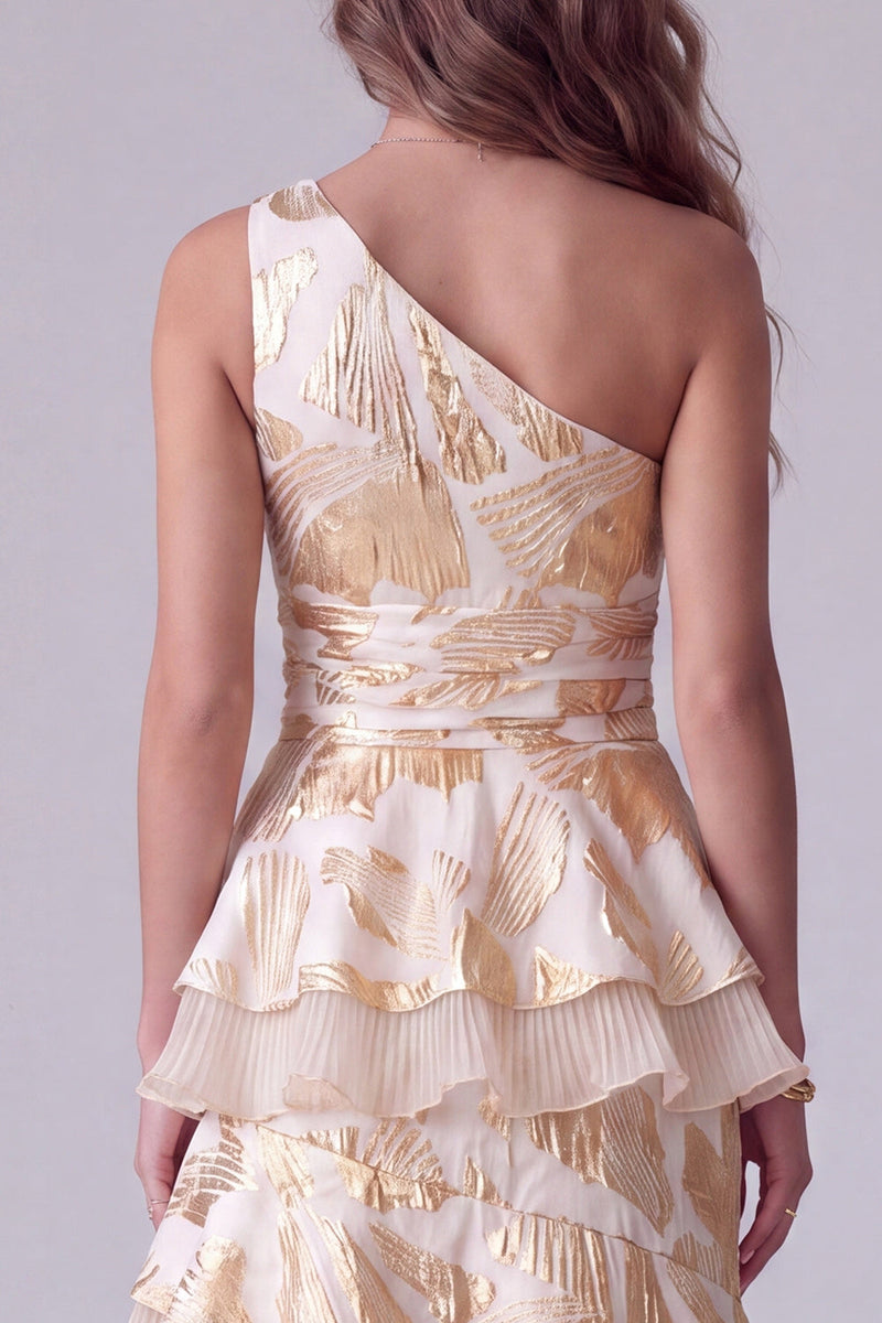 Load image into Gallery viewer, Champagne One Shoulder Ruffled Floral Tiered Long Evening Dress