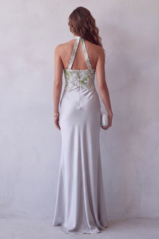 Grey Sheath Floral Halter Long Evening Dress with Keyhole