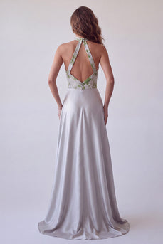 Grey Floral Halter A Line Long Evening Dress with Keyhole