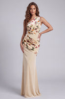 Load image into Gallery viewer, Champagne Velvet Mermaid Floral One Shoulder Long Evening Dress