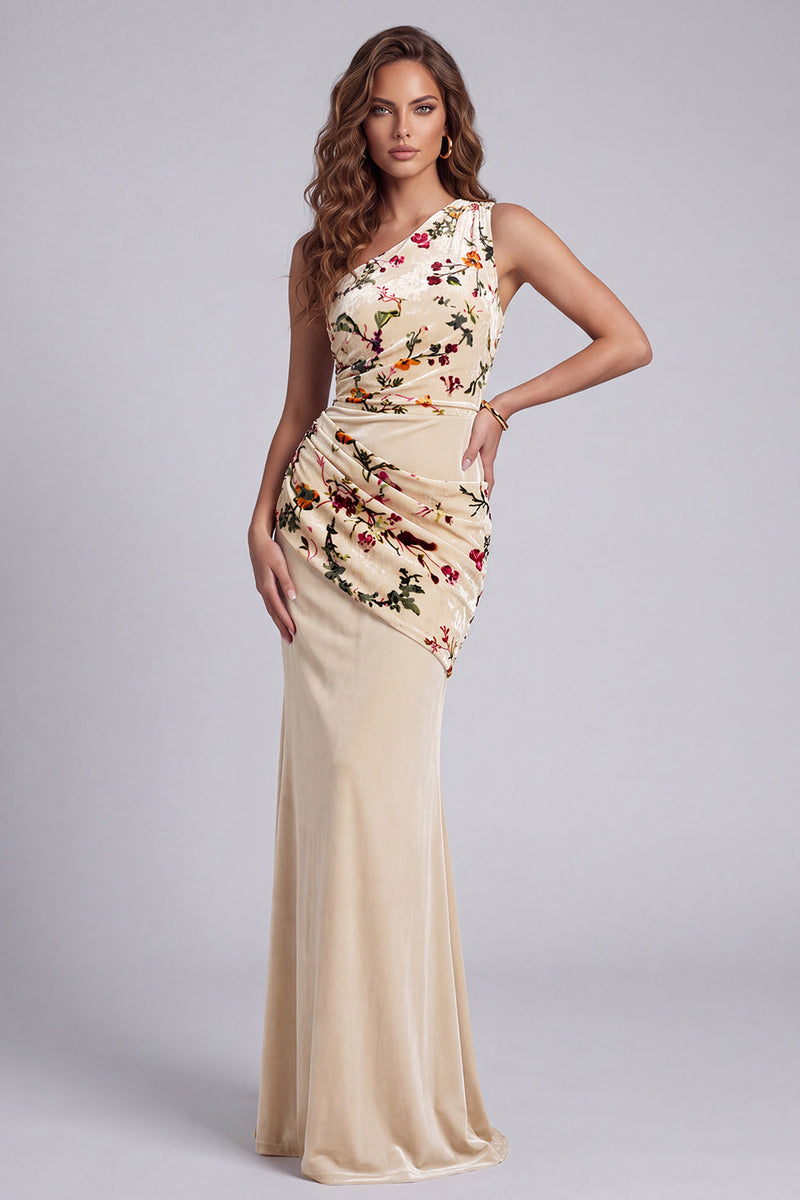 Load image into Gallery viewer, Champagne Velvet Mermaid Floral One Shoulder Long Evening Dress