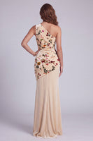 Load image into Gallery viewer, Champagne Velvet Mermaid Floral One Shoulder Long Evening Dress