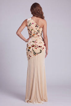 Champagne Velvet Mermaid Floral One Shoulder Long Evening Dress