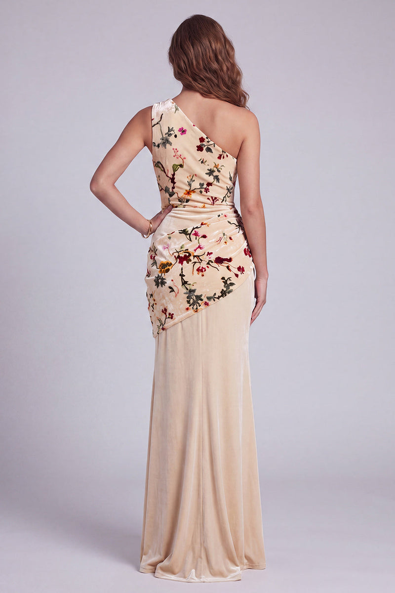 Load image into Gallery viewer, Champagne Velvet Mermaid Floral One Shoulder Long Evening Dress