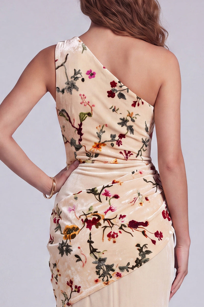 Load image into Gallery viewer, Champagne Velvet Mermaid Floral One Shoulder Long Evening Dress