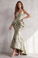 Load image into Gallery viewer, Dusty Sage Mermaid Floral V-Neck High-Low Evening Dress with Bows
