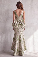 Load image into Gallery viewer, Dusty Sage Mermaid Floral V-Neck High-Low Evening Dress with Bows