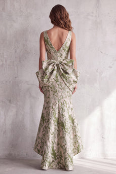 Dusty Sage Mermaid Floral V-Neck High-Low Evening Dress with Bows