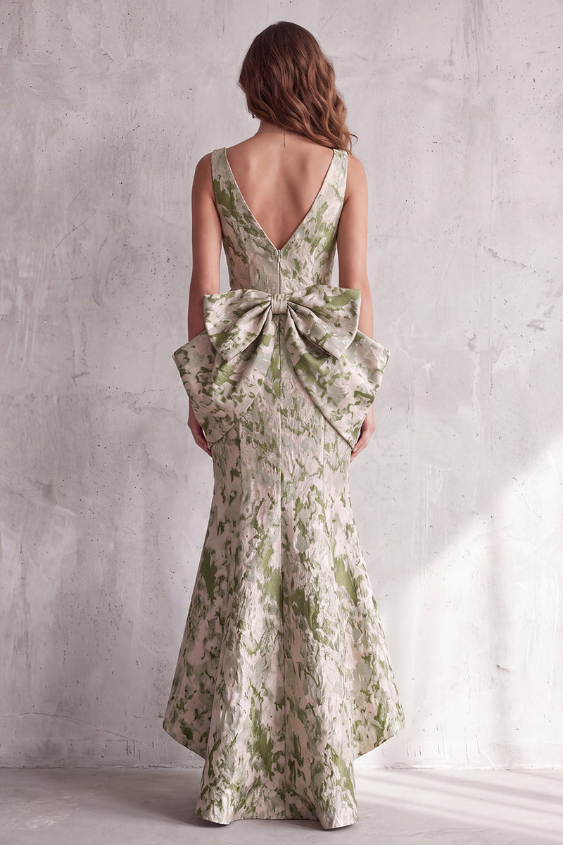 Load image into Gallery viewer, Dusty Sage Mermaid Floral V-Neck High-Low Evening Dress with Bows
