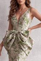 Load image into Gallery viewer, Dusty Sage Mermaid Floral V-Neck High-Low Evening Dress with Bows