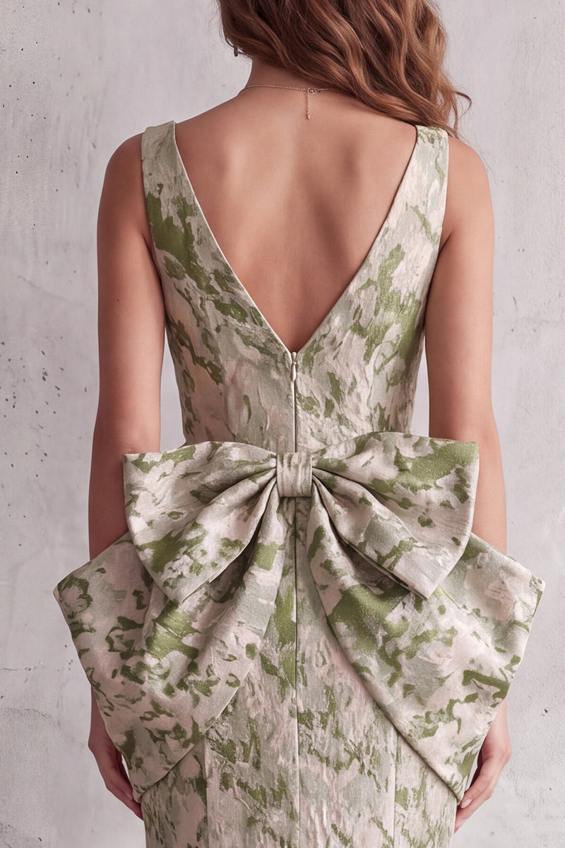 Load image into Gallery viewer, Dusty Sage Mermaid Floral V-Neck High-Low Evening Dress with Bows