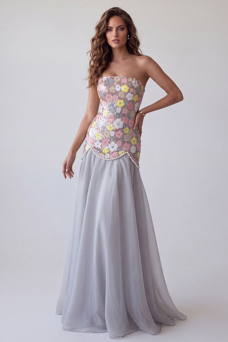 Load image into Gallery viewer, Sparkly Grey A Line Sequin Strapless Floral Long Evening Dress with Pearls