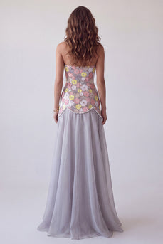 Sparkly Grey A Line Sequin Strapless Floral Long Evening Dress with Pearls
