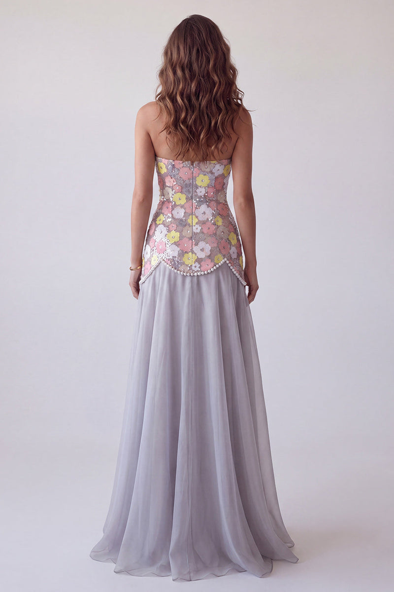 Load image into Gallery viewer, Sparkly Grey A Line Sequin Strapless Floral Long Evening Dress with Pearls