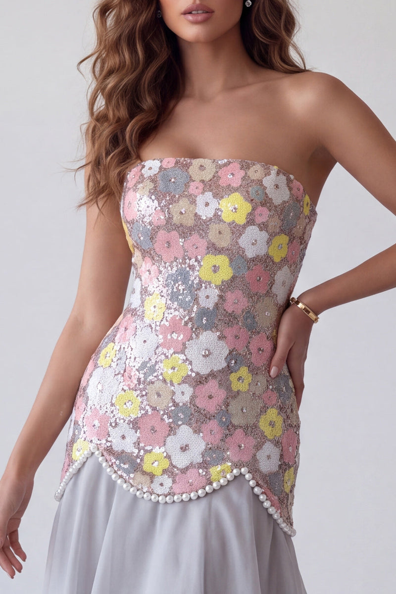 Load image into Gallery viewer, Sparkly Grey A Line Sequin Strapless Floral Long Evening Dress with Pearls