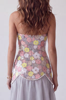 Load image into Gallery viewer, Sparkly Grey A Line Sequin Strapless Floral Long Evening Dress with Pearls