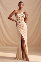 Load image into Gallery viewer, Champagne Velvet Corset RuchedMermaid  Long Floral Evening Dress with Slit