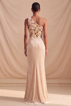 Champagne Velvet Corset RuchedMermaid  Long Floral Evening Dress with Slit
