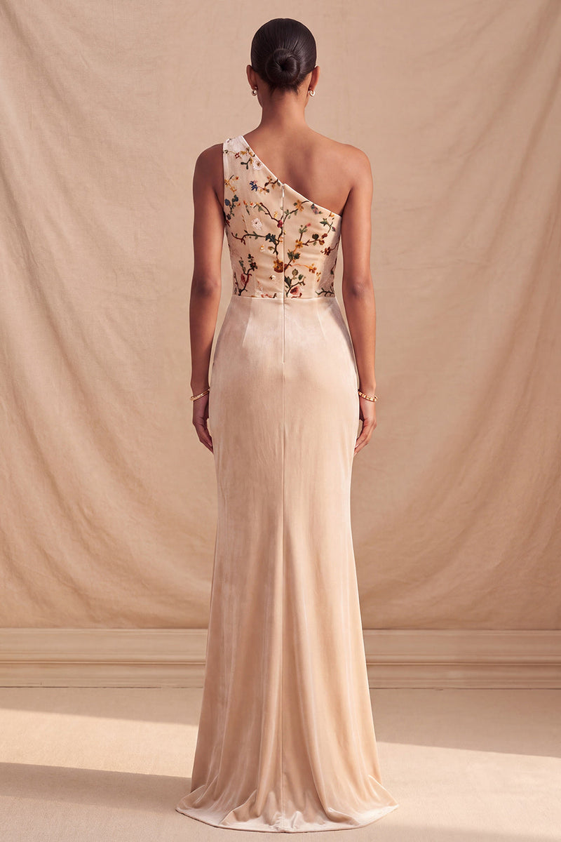 Load image into Gallery viewer, Champagne Velvet Corset RuchedMermaid  Long Floral Evening Dress with Slit