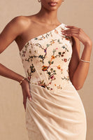 Load image into Gallery viewer, Champagne Velvet Corset RuchedMermaid  Long Floral Evening Dress with Slit