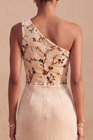 Load image into Gallery viewer, Champagne Velvet Corset RuchedMermaid  Long Floral Evening Dress with Slit