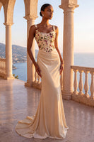 Load image into Gallery viewer, Floral Champagne Velvet Ruched Corset Mermaid Long Evening Dress