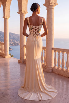 Floral Champagne Velvet Ruched Corset Mermaid Long Evening Dress