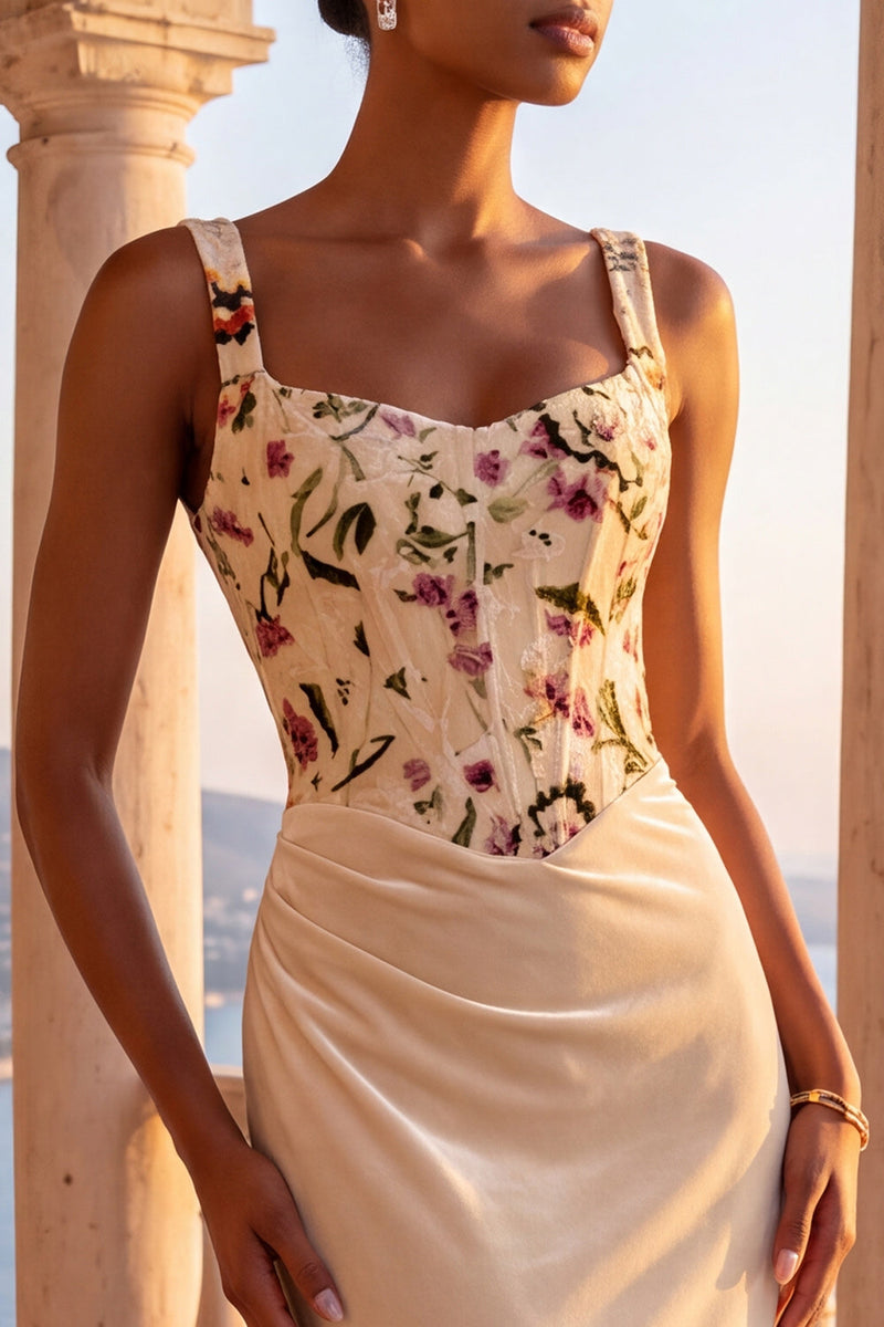 Load image into Gallery viewer, Floral Champagne Velvet Ruched Corset Mermaid Long Evening Dress