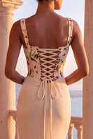 Load image into Gallery viewer, Floral Champagne Velvet Ruched Corset Mermaid Long Evening Dress