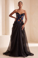 Load image into Gallery viewer, Black Velvet Strapless Floral Corset Long Evening Dress with Lace