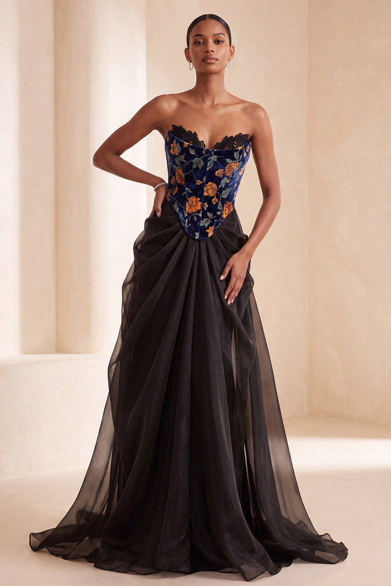 Load image into Gallery viewer, Black Velvet Strapless Floral Corset Long Evening Dress with Lace
