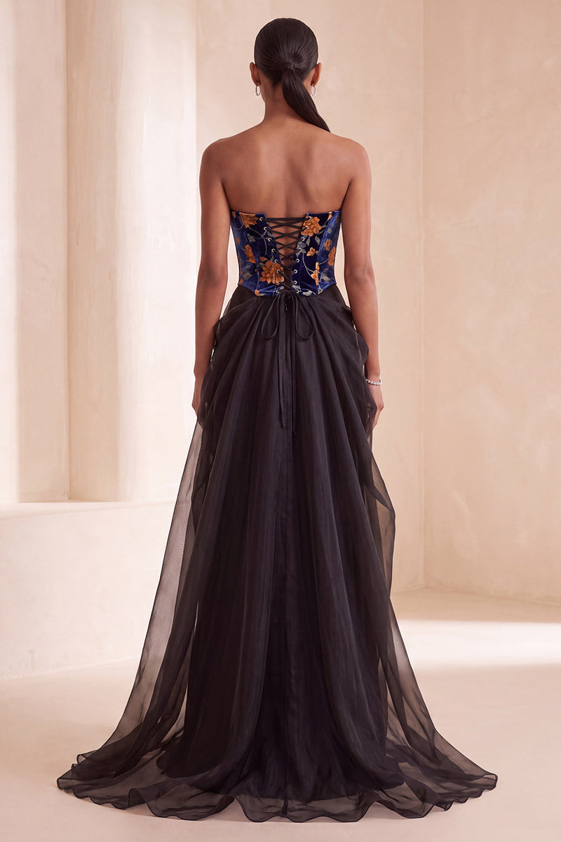 Load image into Gallery viewer, Black Velvet Strapless Floral Corset Long Evening Dress with Lace