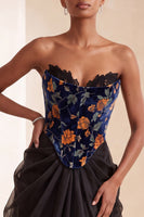 Load image into Gallery viewer, Black Velvet Strapless Floral Corset Long Evening Dress with Lace