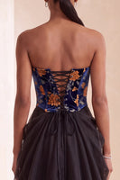 Load image into Gallery viewer, Black Velvet Strapless Floral Corset Long Evening Dress with Lace