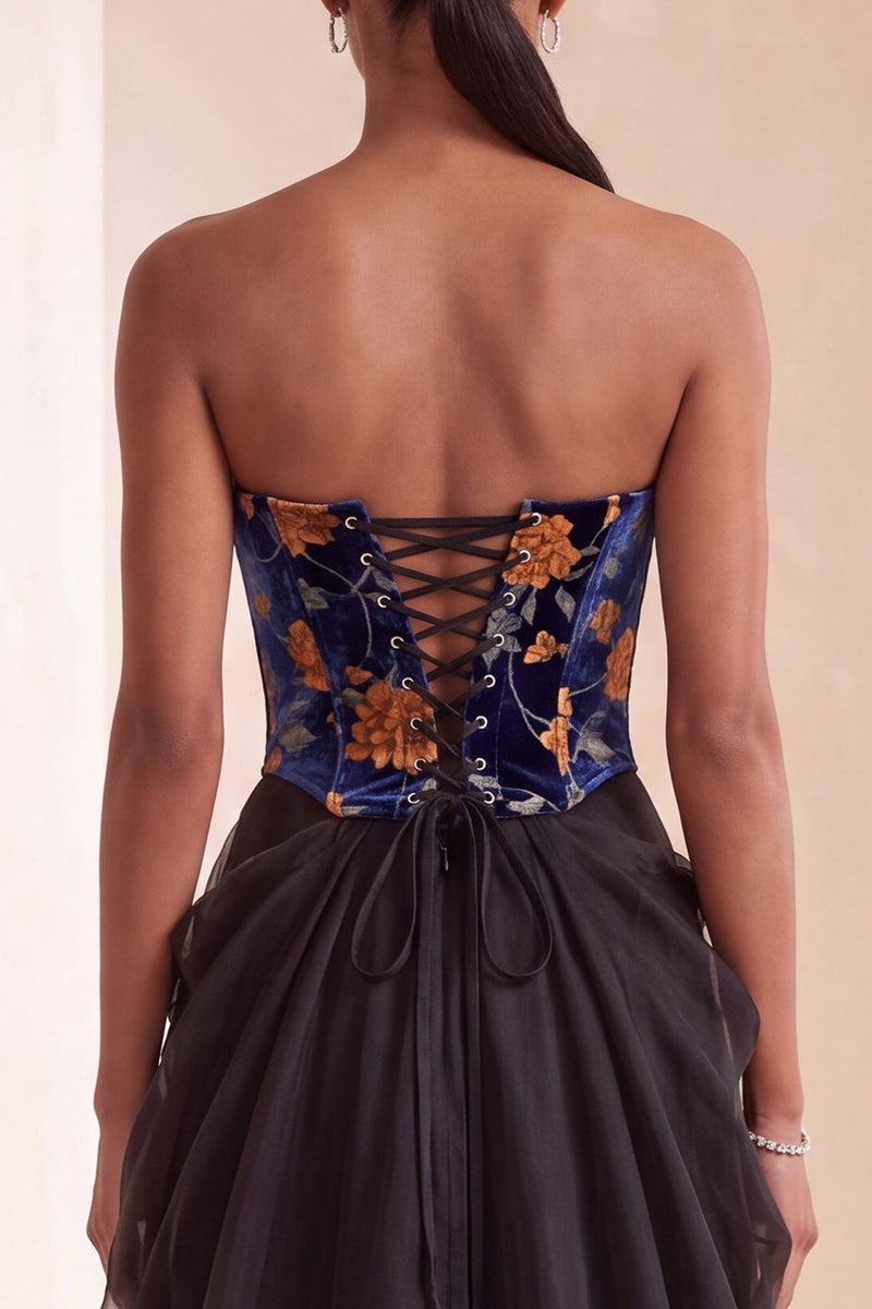 Load image into Gallery viewer, Black Velvet Strapless Floral Corset Long Evening Dress with Lace