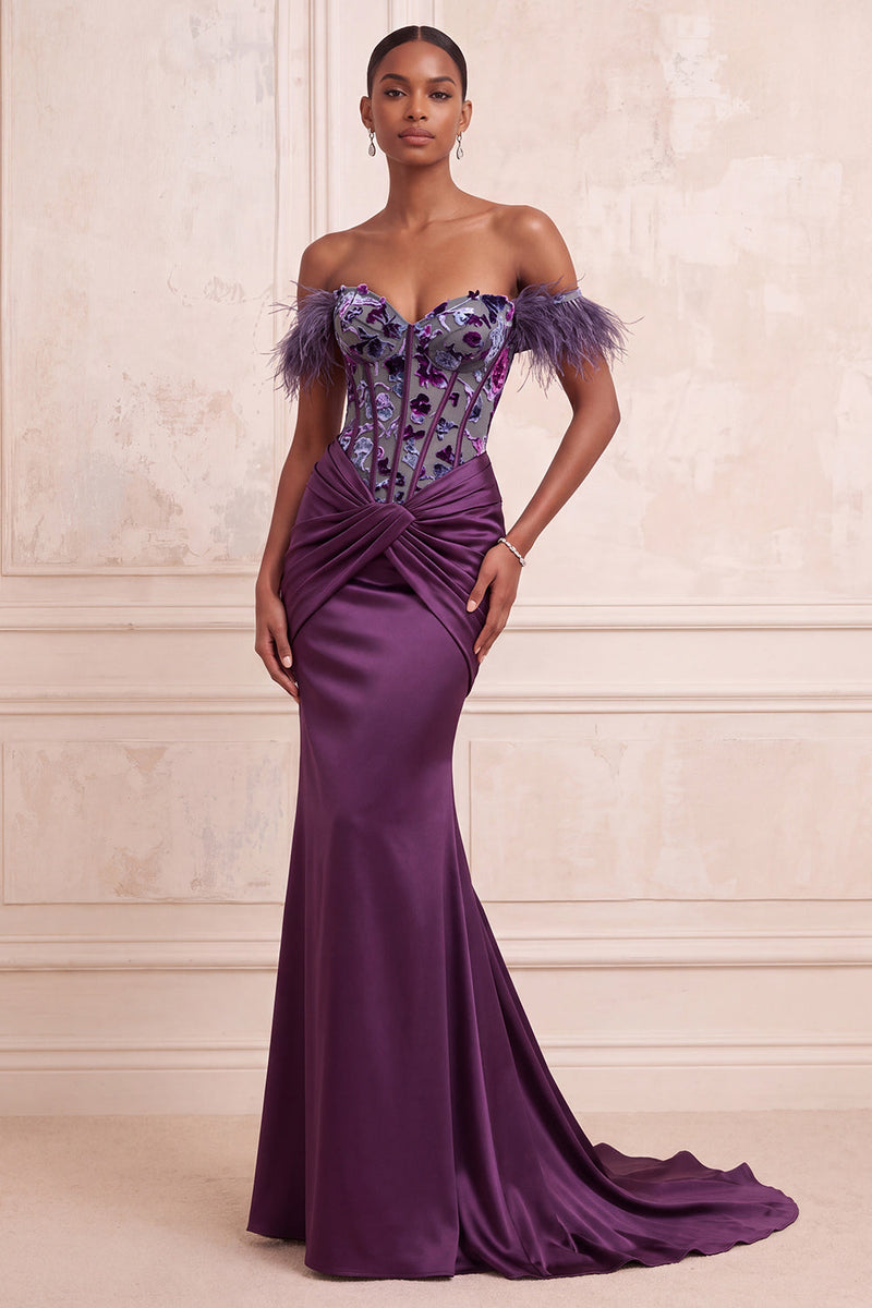 Load image into Gallery viewer, Corset Purple Ruched Floral Mermaid Feathered Long Evening Dress