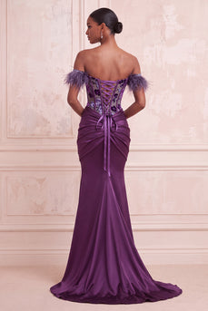 Corset Purple Ruched Floral Mermaid Feathered Long Evening Dress