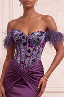 Load image into Gallery viewer, Corset Purple Ruched Floral Mermaid Feathered Long Evening Dress