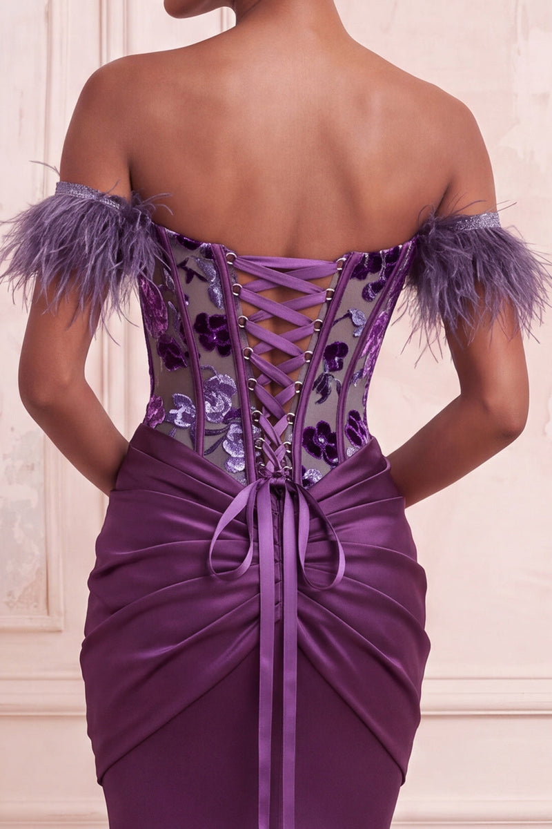 Load image into Gallery viewer, Corset Purple Ruched Floral Mermaid Feathered Long Evening Dress