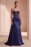 Load image into Gallery viewer, Corset Navy Ruched A-Line  Floral Long Evening Dress with Side Cape