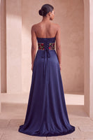 Load image into Gallery viewer, Corset Navy Ruched A-Line  Floral Long Evening Dress with Side Cape