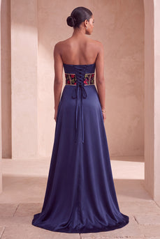 Corset Navy Ruched A-Line  Floral Long Evening Dress with Side Cape