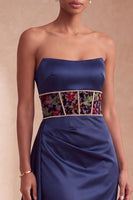 Load image into Gallery viewer, Corset Navy Ruched A-Line  Floral Long Evening Dress with Side Cape