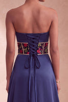 Load image into Gallery viewer, Corset Navy Ruched A-Line  Floral Long Evening Dress with Side Cape