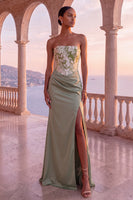 Load image into Gallery viewer, Sage Green Ruched Corset Strapless Floral Long Evening Dress with Slit
