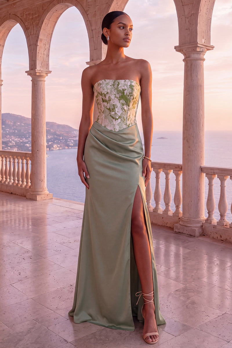Load image into Gallery viewer, Sage Green Ruched Corset Strapless Floral Long Evening Dress with Slit