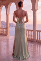Load image into Gallery viewer, Sage Green Ruched Corset Strapless Floral Long Evening Dress with Slit
